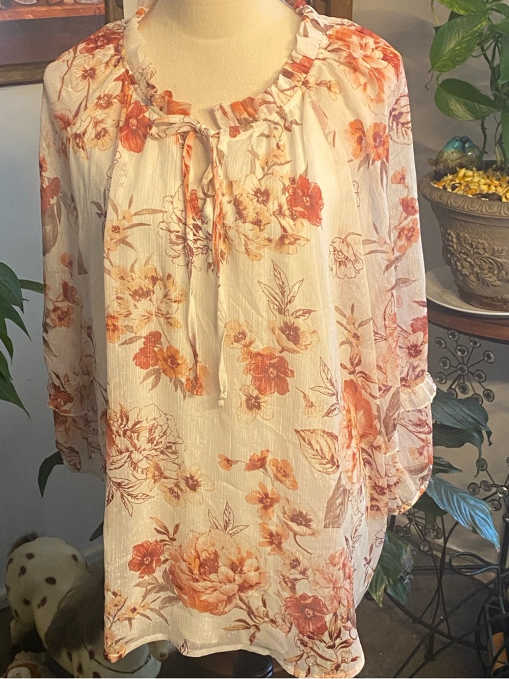Kate & Lily Floral Tie-Neck Peasant Blouse - Cream with Orange Floral